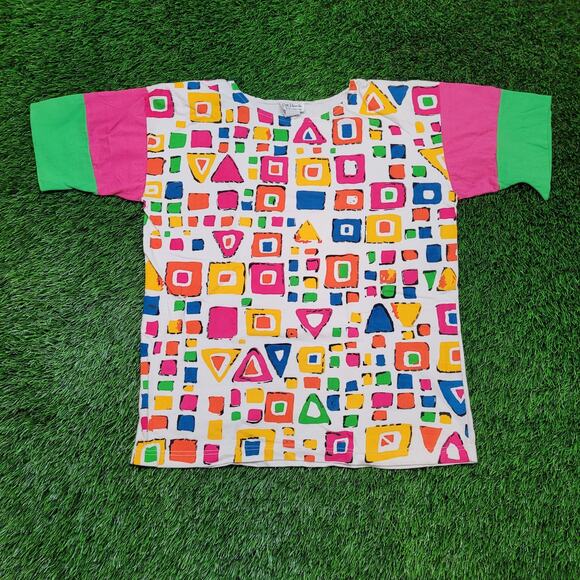 VTG 80s Oversized Boxy Top w/ Shoulder Pads Beaded Memphis AOP Womens L/XL - Picture 1 of 5